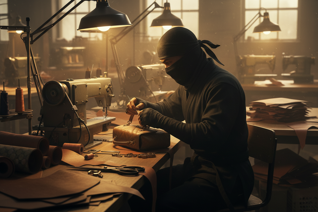 A ninja in a sweatshop making a purse